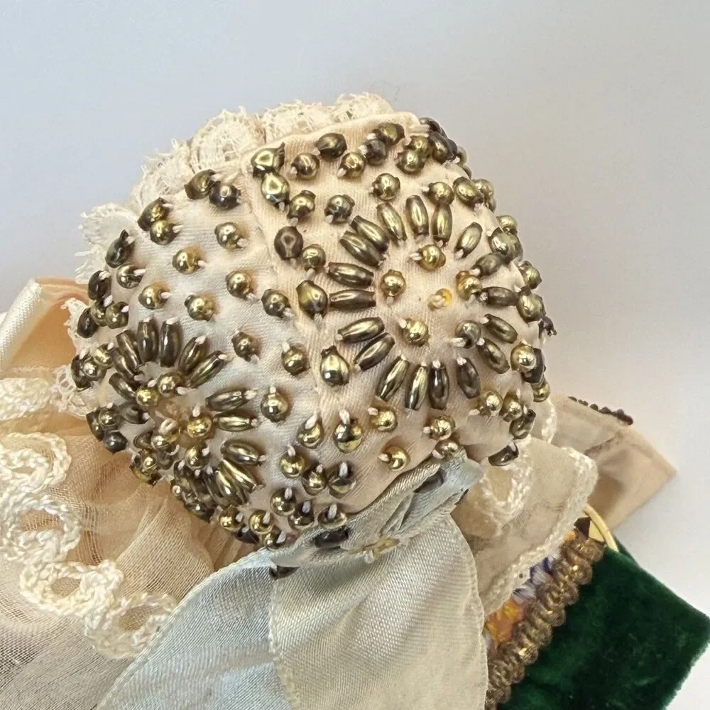 Vintage Bebe Breton French Celluloid Doll Green Velvet Dress Beaded Bonnet Lace